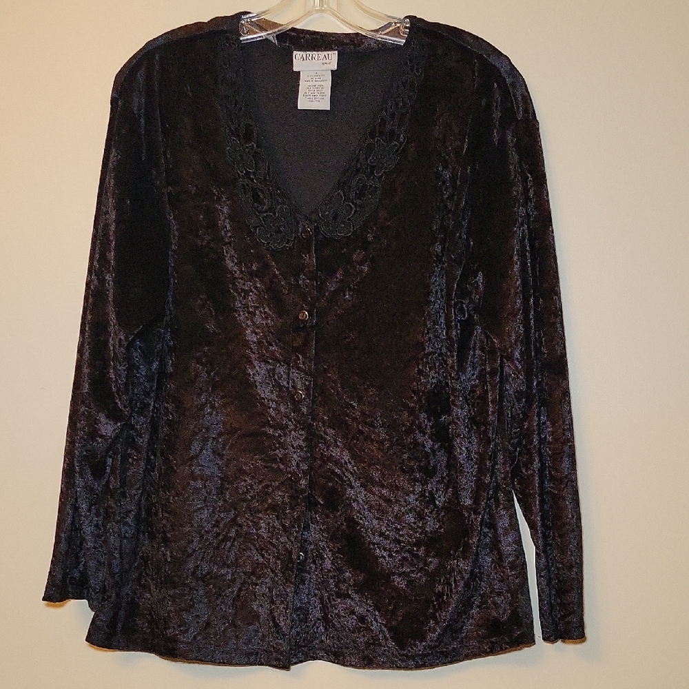 Carreau Black‎ Velvet Blouse Lace Collar Button down Woman's Sz med
